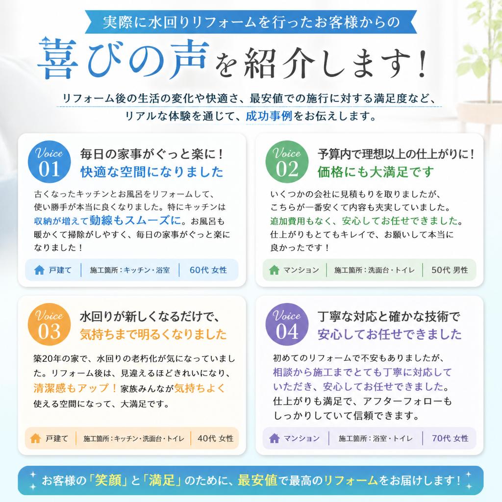 お客様の声：リフォームで生まれ変わった水回り