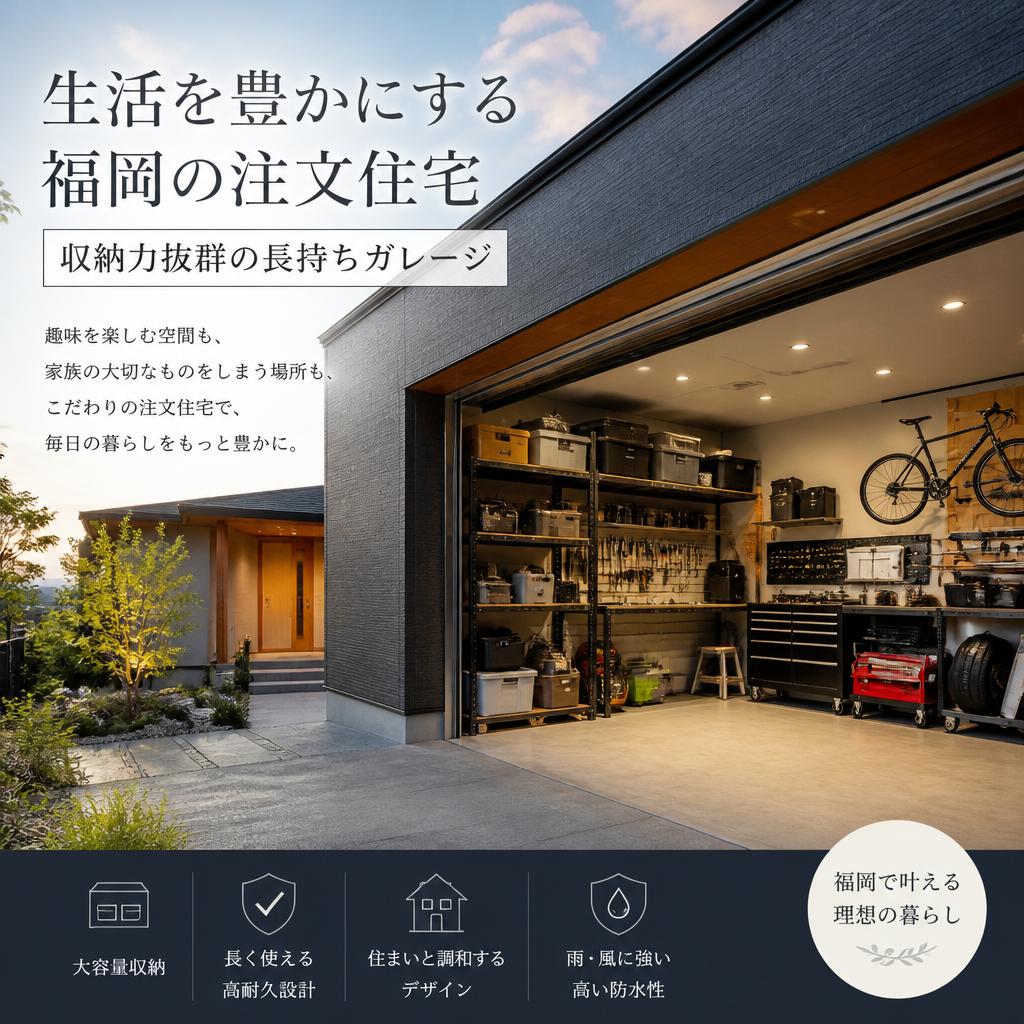 生活を豊かにする福岡の注文住宅、収納力抜群の長持ちガレージ